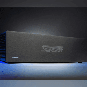 A sleek black soundbar with blue LED lighting beneath it.